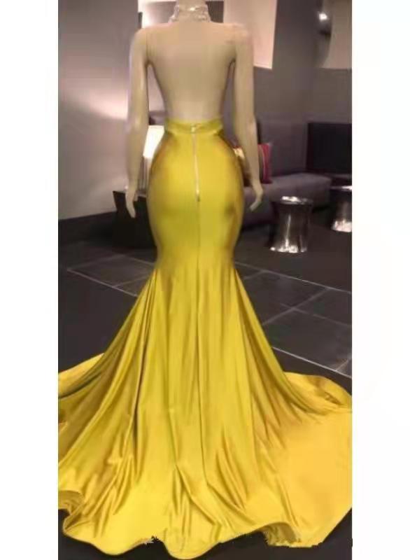 Chic Yellow Halter High Neck Mermaid Prom Dresses with Beads Evening Dress DMP166