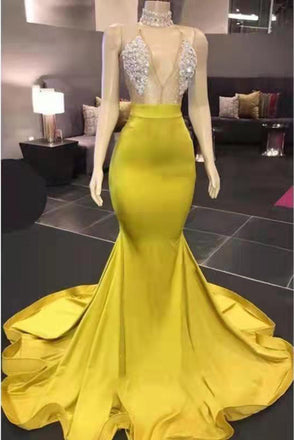Chic Yellow Halter High Neck Mermaid Prom Dresses with Beads Evening Dress DMP166