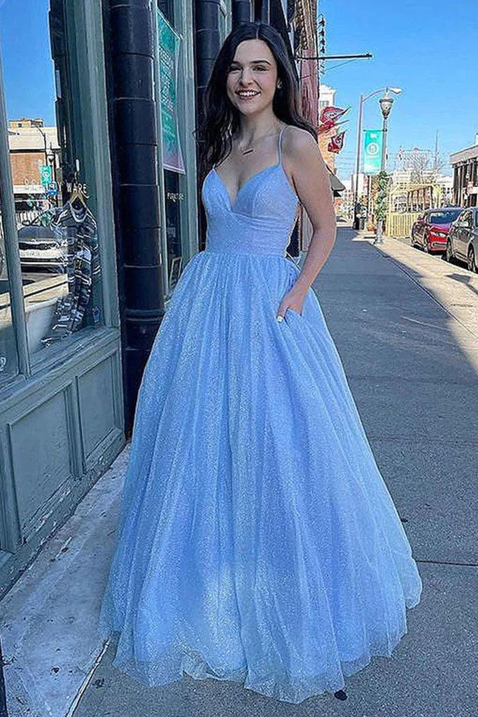 A-Line V Neck Long Floor-Length Sparkly Tulle Prom Dress With Pockets DM2006
