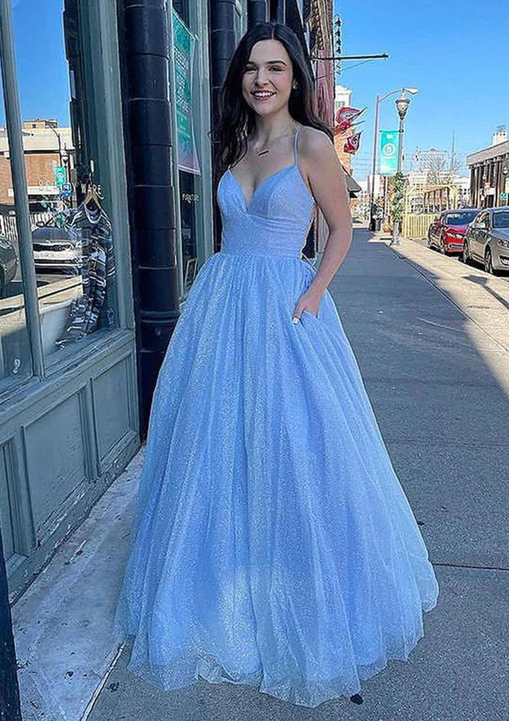 A-Line V Neck Long Floor-Length Sparkly Tulle Prom Dress With Pockets DM2006