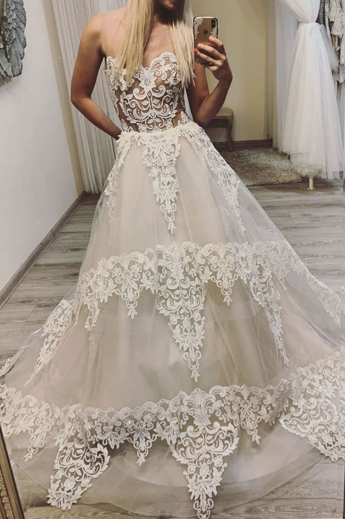 Ivory Sweetheart A Line Lace Appliques Long Prom Dresses DMP85