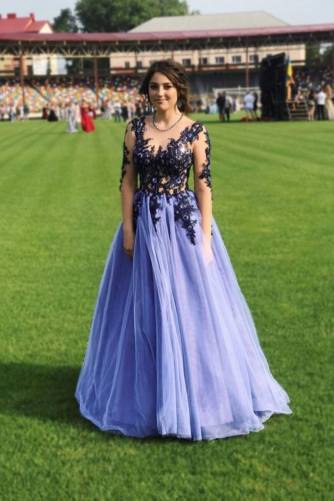 A Line Long SLeeves Blue Lace Appliques Prom Dresses DMP84