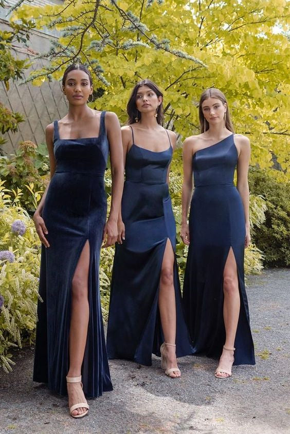 Simple Sheath Navy Blue Long Bridesmaid Dresses With Slit Bridesmaid Gowns DM1841