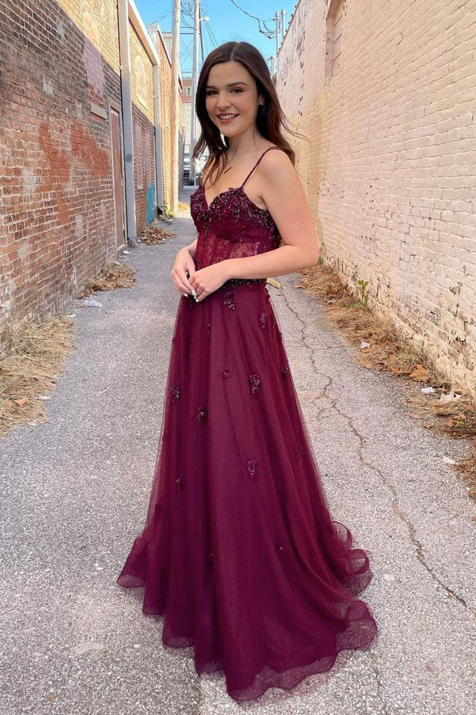Burgundy A Line Spaghetti Straps Long Prom Dresses, Tulle Evening Dresses With Flowers DMP050