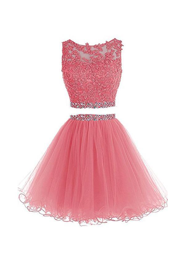 Two Pieces A Line Tulle Applique Short Homecoming/Prom Dresses With Beads DM341