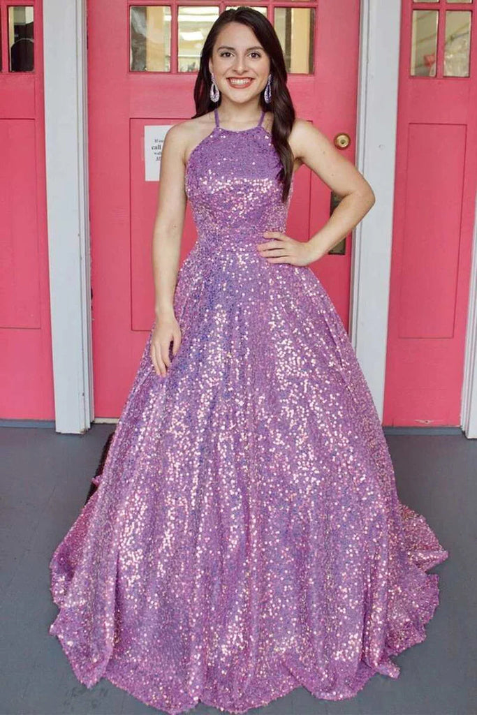 Purple Sequin Halter Backless A-Line Long Ball Gown Prom Dresses DM2025