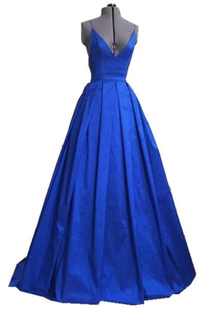 Simple Royal Blue V-neck Cheap Open Back A-line Prom Dresses K696