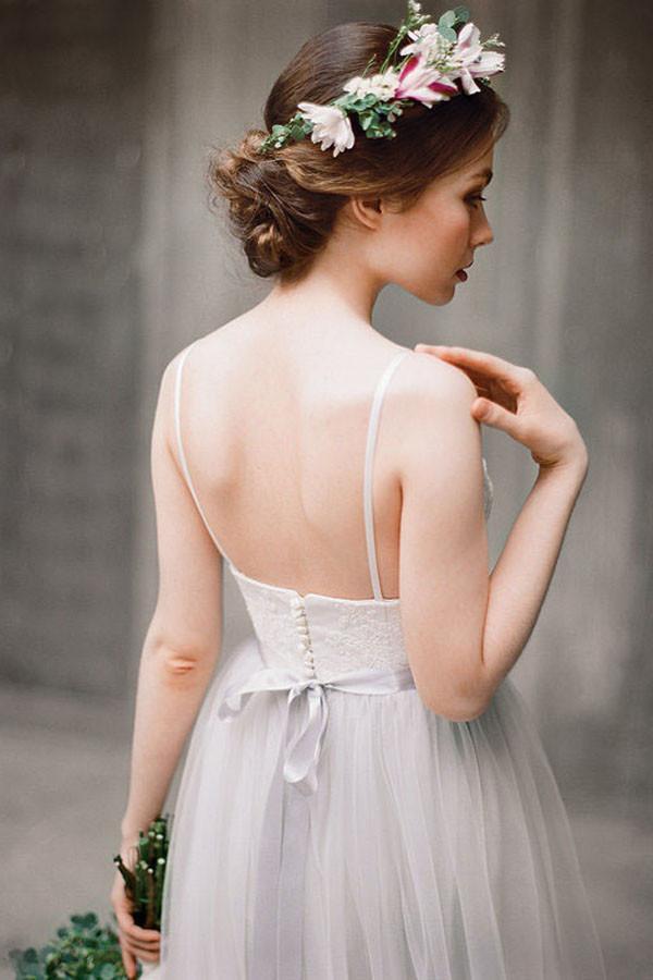Spaghetti Straps Backless Grey Tulle Long Wedding Dresses With Lace Applique DM531