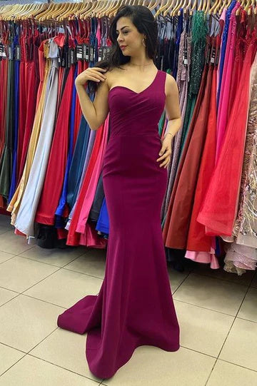 Magenta One-Shoulder Lace-Up Mermaid Long Prom Dresses Formal Evening Dress DMP223