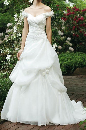 Ivory Long V-neck Off Shoulder Lace Up Beading Wedding Dresses W37