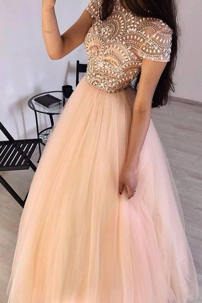 Pink Tulle Beads Long Prom Dress A Line Formal Evening Dress DMP61