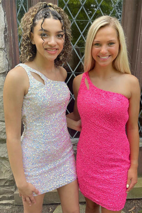 Hot Pink Sheath One Shoulder Sequins Mini Prom Dresses Short Homecoming Dress DMHD35