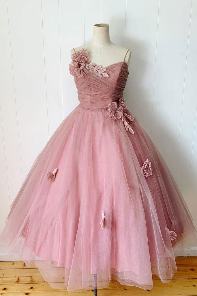 Pink Spaghetti Straps Tulle Tea Length Prom Dress Bridesmaid Dress DMQ47