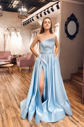 Strapless Satin Light Blue Slit A Line Simple Prom Dresses With Pocktets DMP86