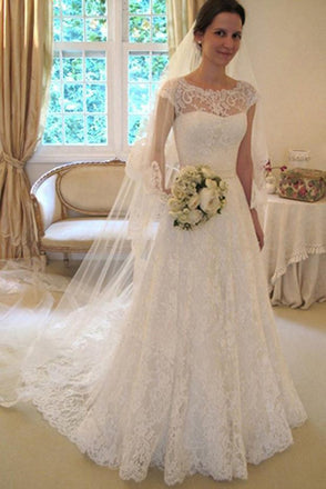 Cap Sleeve Lace A Line Long Affordable Wedding Dresses DMC70