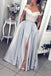 Gray Lace Appliques Off Shoulder Satin Long Prom Dress With Pockets Evening Dress DMQ42