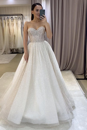 Sparkly A Line Sweetheart Sequined Wedding Dresses Chic Bridal Dresses DMW1