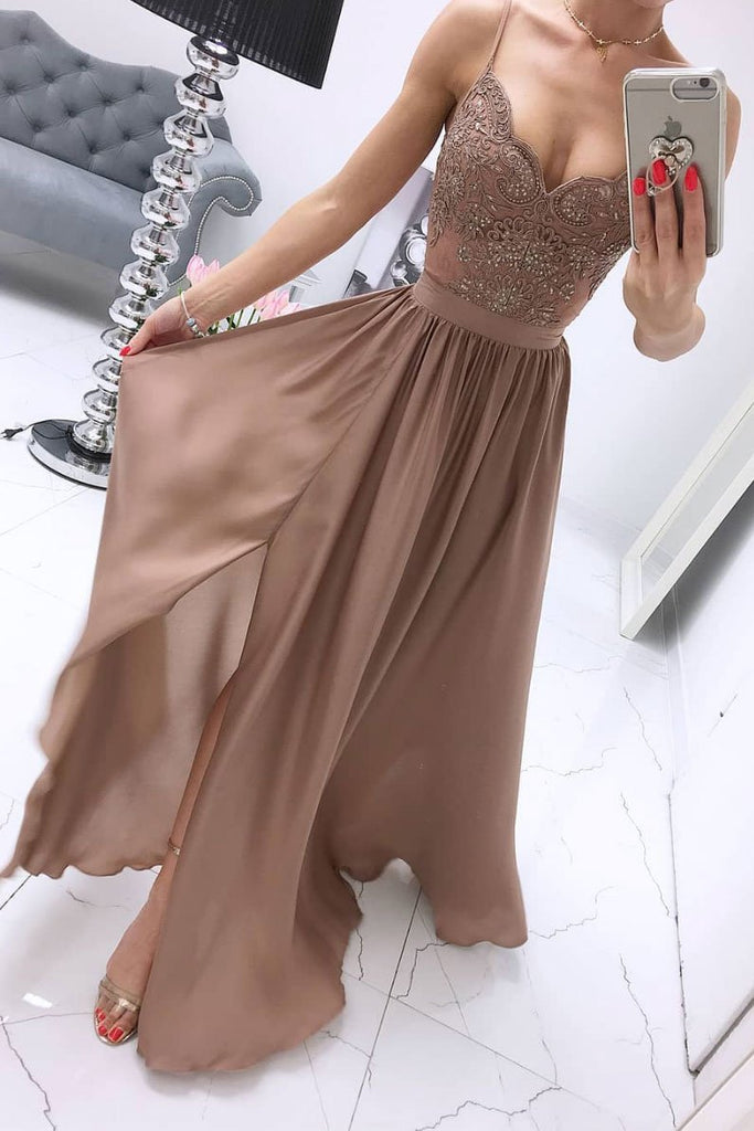 Chiffon A Line Spaghetti Straps Appliques Long Prom Dress With Slit DMS68