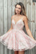 Spaghetti Strap A Line Appliques Pink Homecoming Dress, Short Prom Dresses DMQ7
