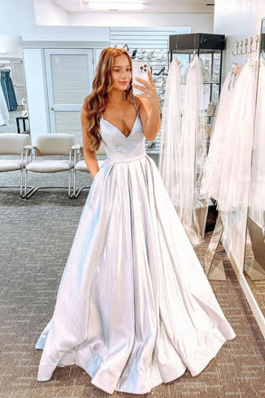 Sparkly A Line Spaghetti Straps Long Prom Dresses With Pockets, Formal Evening Dresses DMP048