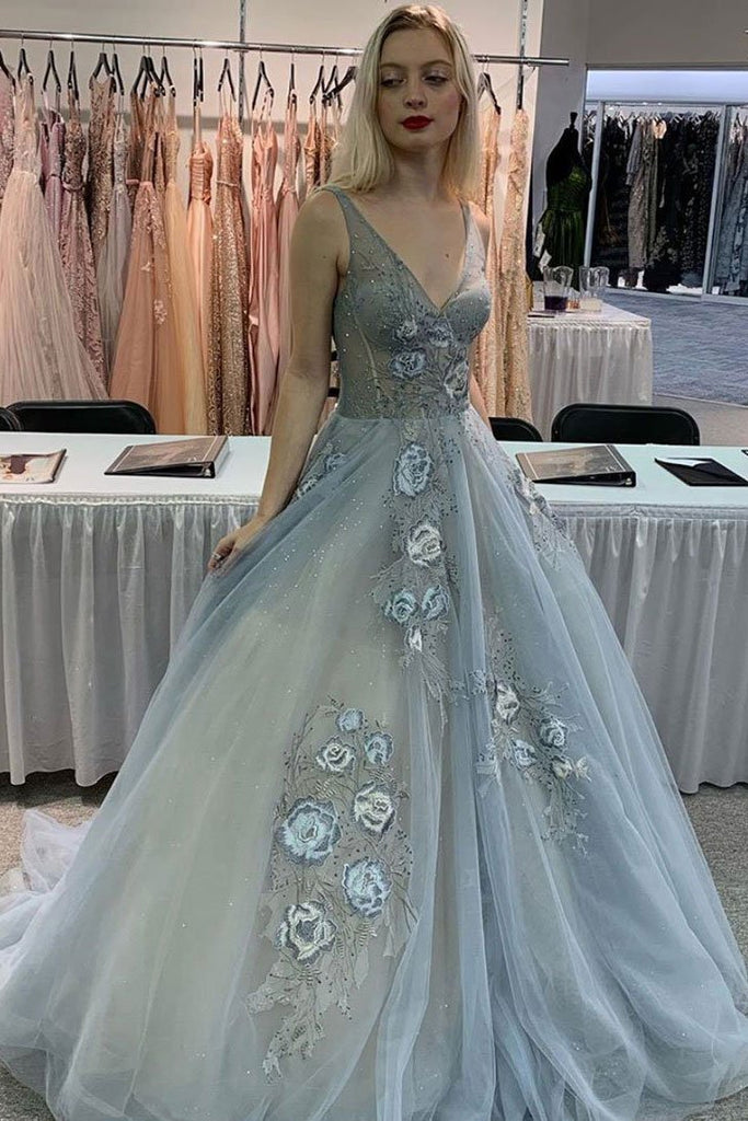 Gray V Neck Tulle Lace Appliques Long Prom Dress Formal Evening Dress DMQ46