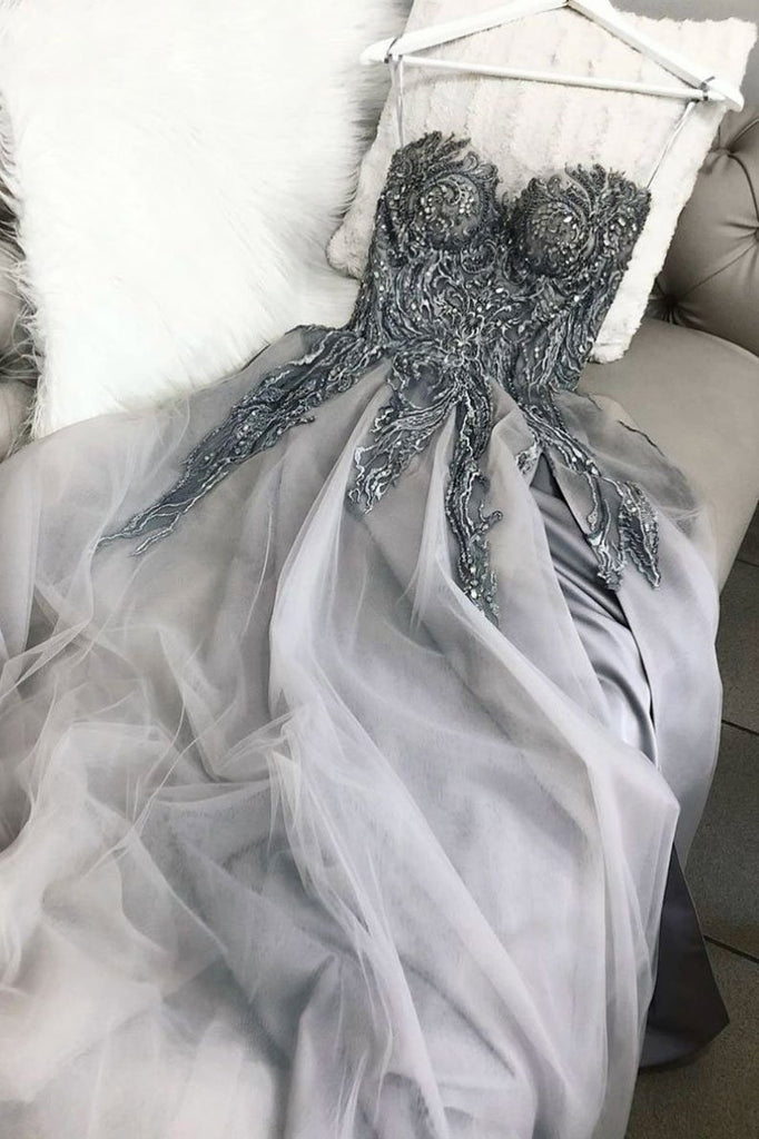 Gray Sweetheart Tulle Lace Appliques Long Prom Dress Formal Evening Dresses DMS58
