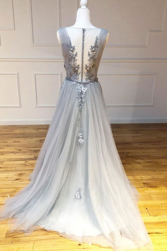Gray A Line Round Neck Appliques Tulle Long Prom Dress Evening Dress DMQ52