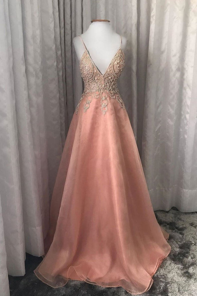 Pink V Neck Tulle Beads Long Prom Dress Spaghetti Straps Evening Dress DMQ53