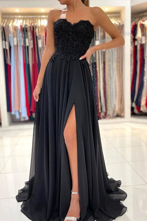 Modern Black Sweetheart Chiffon Long Prom Dresses Appliques With Split DMP153