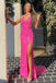 Hot Pink Sequined V-Neck Mermaid Backless Long Prom Dresses With Slit DMP209