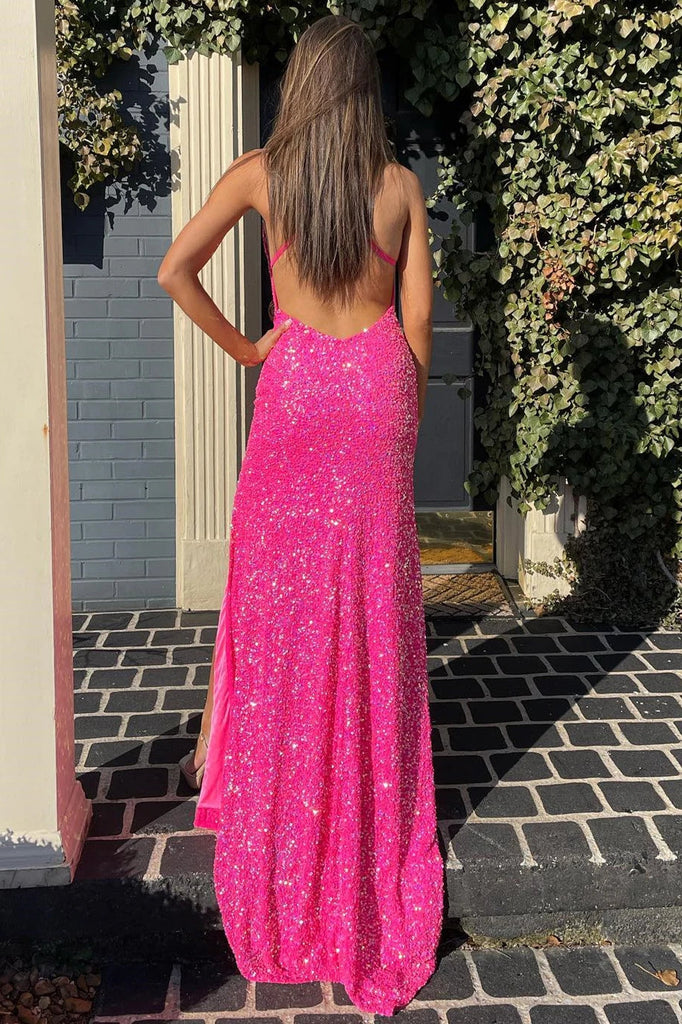 Hot Pink Sequined V-Neck Mermaid Backless Long Prom Dresses With Slit DMP209