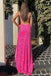 Hot Pink Sequined V-Neck Mermaid Backless Long Prom Dresses With Slit DMP209