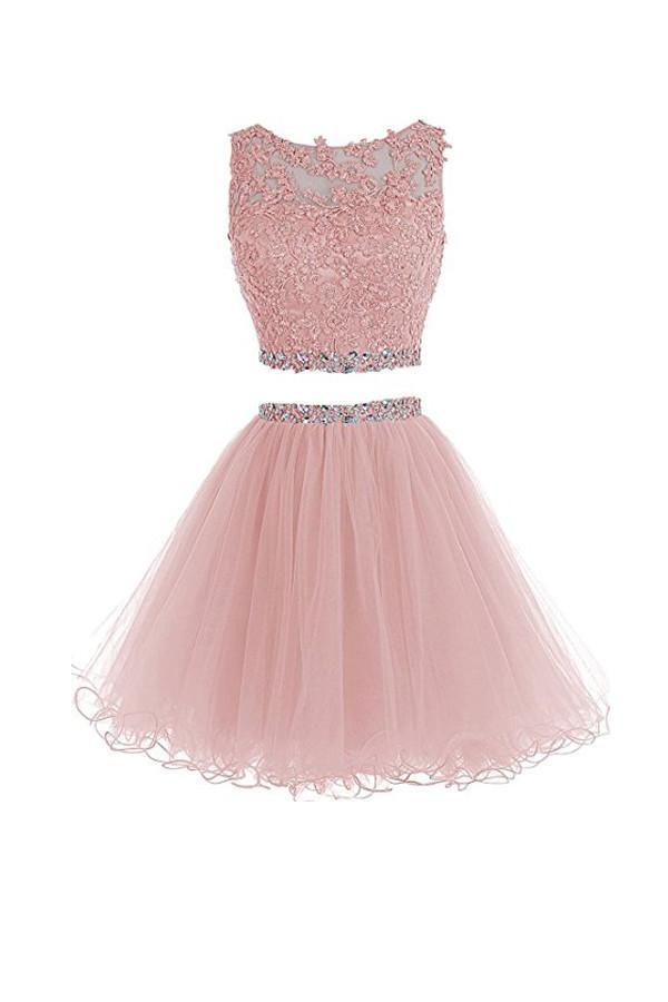Two Pieces A Line Tulle Applique Short Homecoming/Prom Dresses With Beads DM341