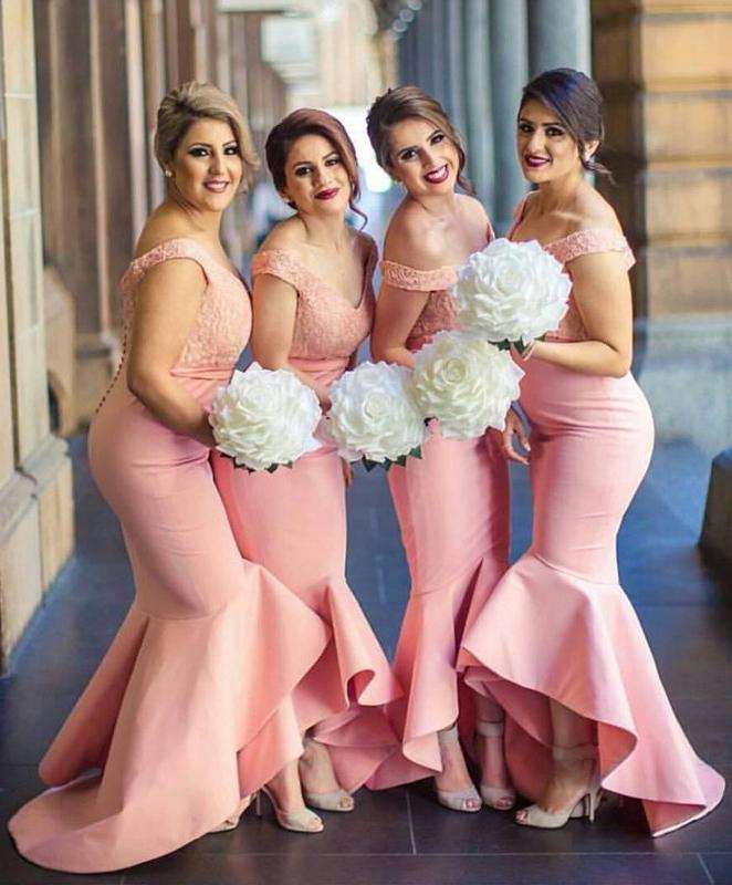 Elegant Baby Pink Mermaid Off the shoulder Ruffles Lace Top Bridesmaid Dresses DMD64