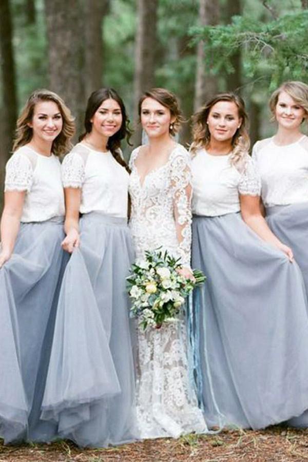 A Line Short Sleeves White Top Gray Long Tulle Bridesmaid Dresses DMG51
