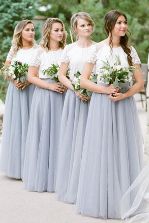 A Line Short Sleeves White Top Gray Long Tulle Bridesmaid Dresses DMG51