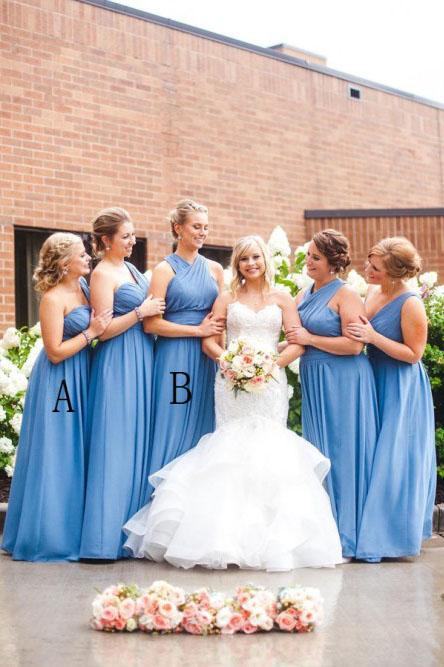 A-Line One-Shoulder Floor-Length Blue Ruched Chiffon Bridesmaid Dress DMS46