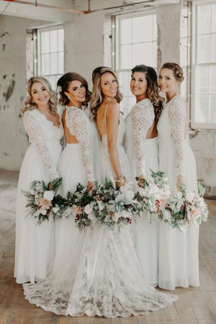 A-Line Open Back Long Sleeves Chiffon Long Bridesmaid Dress with Lace DMS39