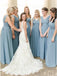 A-Line V-Neck Floor-Length Dusty Blue Chiffon Simple Bridesmaid Dress with Ruched DMS40