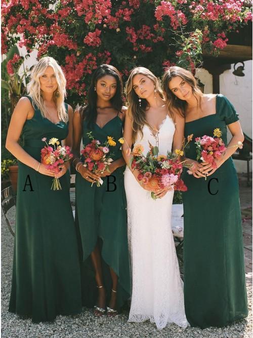 A-Line Dark Green Chiffon Long Cheap Bridesmaid Dresses DMS47