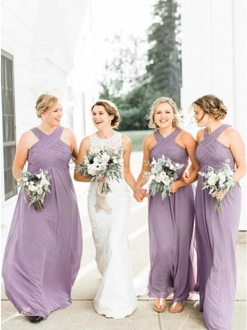 A-Line Floor-Length Lilac Chiffon Pleated Cheap Bridesmaid Dress DMS44