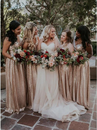 A-Line V-Neck Floor-Length Rose Pink Sequined Bridesmaid Dress DMS42