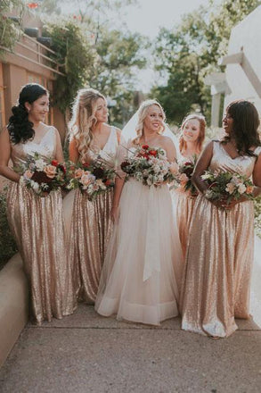 A-Line V-Neck Floor-Length Rose Pink Sequined Bridesmaid Dress DMS42