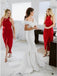 Sheath Cowl Neck Hi-Low Red Simple Bridesmaid Dress with Ruched DMR87