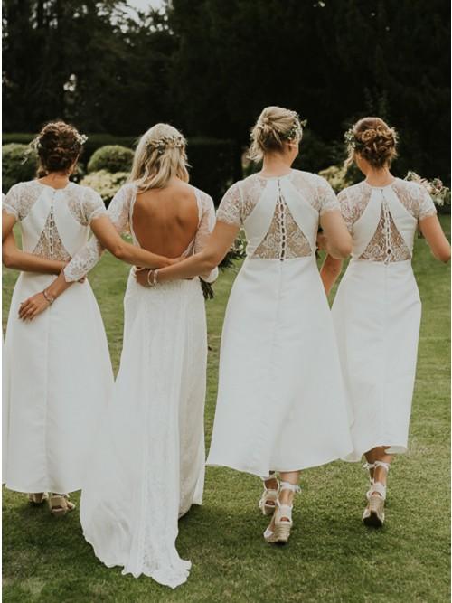 A-Line Short Sleeves Hi-Low Off White Satin Bridesmaid Dress with Lace DMR88