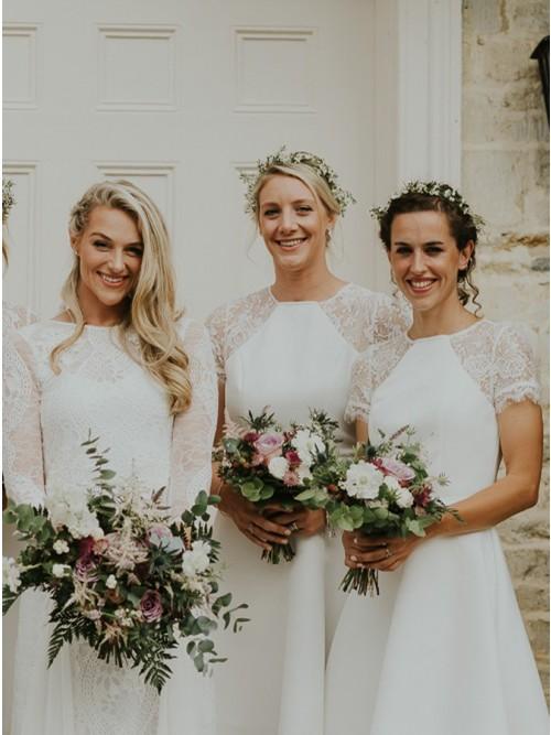 A-Line Short Sleeves Hi-Low Off White Satin Bridesmaid Dress with Lace DMR88