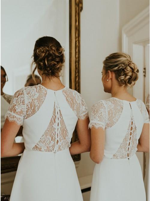 A-Line Short Sleeves Hi-Low Off White Satin Bridesmaid Dress with Lace DMR88