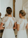A-Line Short Sleeves Hi-Low Off White Satin Bridesmaid Dress with Lace DMR88