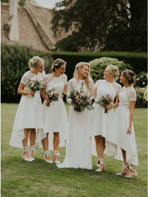 A-Line Short Sleeves Hi-Low Off White Satin Bridesmaid Dress with Lace DMR88