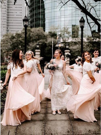 A Line Two Piece Short Sleeves Floor-Length Pink Bridesmaid Dress with Lace DMR89